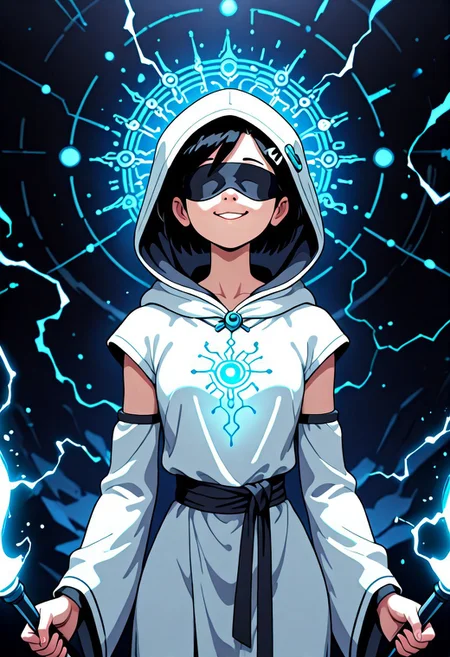 1gril, solo, Marcy, black hair, short hair, hairclip, dynamic angle, cowboy shot, action pose, glowing (circuit tattoo:1.2), robe, detached sleeves, hood up, noble, simulator, blindfold, covered eyes, shaded face, smug, holding polearm, sanctuary, runes, (electricity:0.5), over technology, geometry, white theme, polarized, chromatic aberration, disintegration effect, (abstract expressionism:0.6), fantasy, science fiction, future, ancient, masterpiece, best quality, amazing quality, very aesthetic, absurdres, newest, <lora:circuit_tattoo:1>