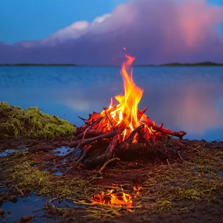 ▲ Close to:
small fire at soil in center, fire on blue water with reflections, clay at foreground with green moss, land in background, purple sky, clouds in sky,