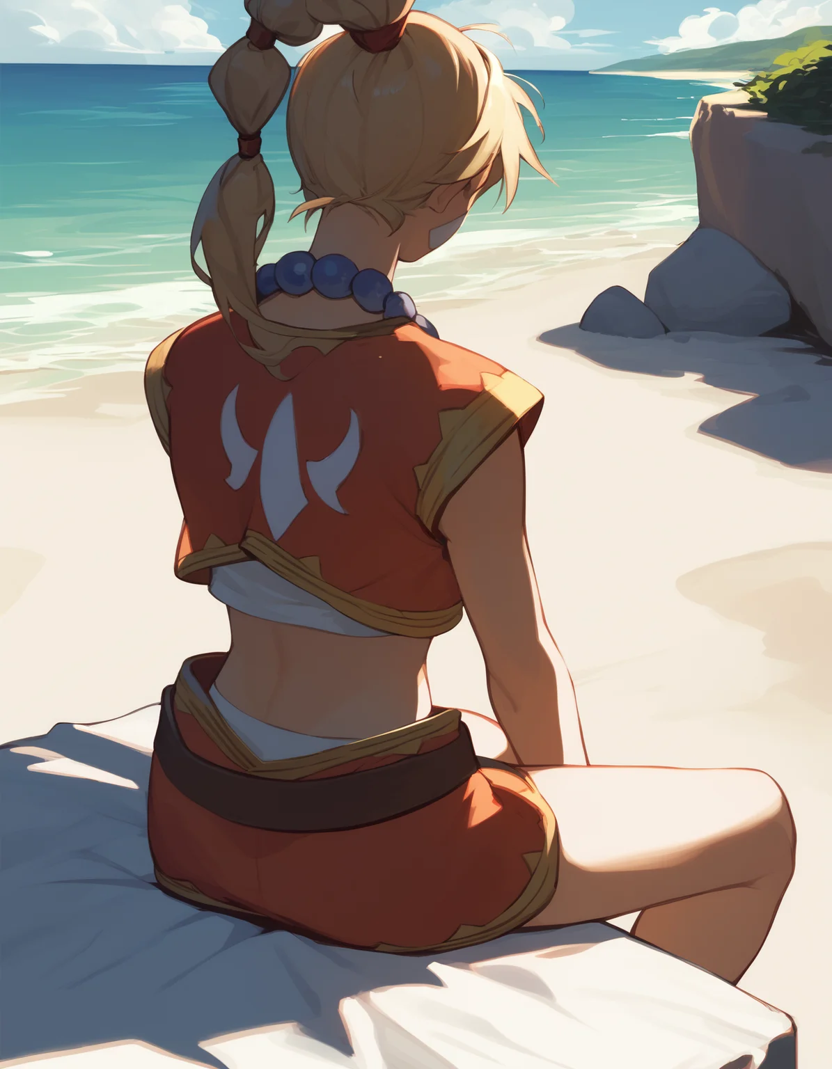 score_9,  score_8_up, score_7_up <lora:kid-cc-ponyxl-000012:1> kdecc, ponytail, facial mark, necklace, crop top, vest, midriff, skirt,
1girl, beach, sitting, facing away, outdoors, beach