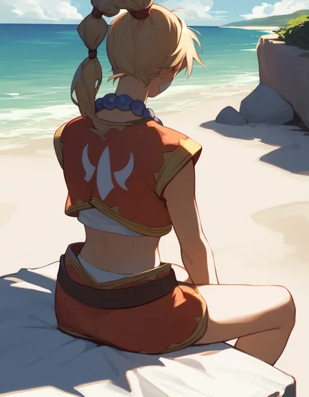 score_9, score_8_up, score_7_up <lora:kid-cc-ponyxl-000012:1> kdecc, ponytail, facial mark, necklace, crop top, vest, midriff, skirt,
1girl, beach, sitting, facing away, outdoors, beach