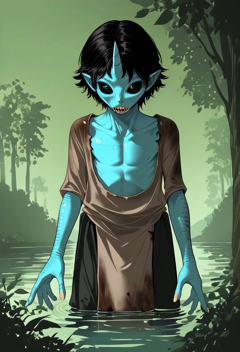 ((Alien humanoid)),
((Alien species)), solo, androgynous, aquatic features
blue skin, ((webbed hands)):1.4,
((No nose)):1.3, ((nostrils only, nostril slits, vertical nasal slits, narrow nostrils)):1.5, ((narrow eyes)), ((black sclera, black irises)), smooth skin, pointy ears, small ears, tiny ears, holes in skin, forehead horn, short horn, veiny horn, ((single horn)):1.0, ((4 fingers)), fingernails, thin lips, ((black hair)), ((short hair, spiky hair)), sharp teeth, digitigrade legs, bent legs,
full body shot
ragged clothes, muddy clothes, loincloth, tunic, dirty
Medieval style, fantasy style,
((Variety)):1.2
((dutch angle, 3/4 view))
river background
fully clothed, loose clothing, clean lines, smooth colors, detailed fingers, sfw, source: realistic, rating: pg, score: 8 up, score: 9