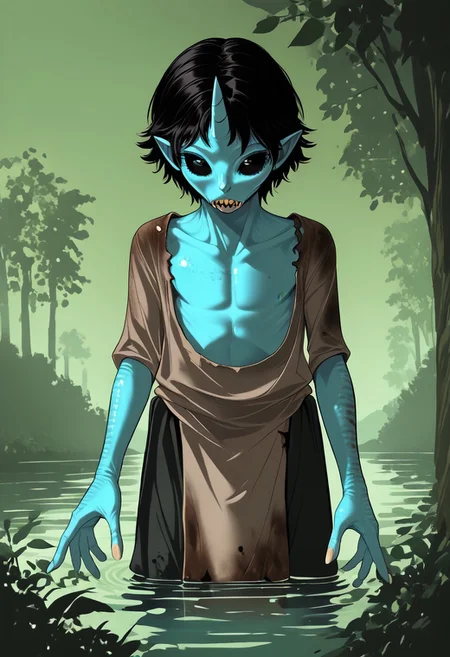 ((Alien humanoid)),
((Alien species)), solo, androgynous, aquatic features
blue skin, ((webbed hands)):1.4,
((No nose)):1.3, ((nostrils only, nostril slits, vertical nasal slits, narrow nostrils)):1.5, ((narrow eyes)), ((black sclera, black irises)), smooth skin, pointy ears, small ears, tiny ears, holes in skin, forehead horn, short horn, veiny horn, ((single horn)):1.0, ((4 fingers)), fingernails, thin lips, ((black hair)), ((short hair, spiky hair)), sharp teeth, digitigrade legs, bent legs,
full body shot
ragged clothes, muddy clothes, loincloth, tunic, dirty
Medieval style, fantasy style,
((Variety)):1.2
((dutch angle, 3/4 view))
river background
fully clothed, loose clothing, clean lines, smooth colors, detailed fingers, sfw, source: realistic, rating: pg, score: 8 up, score: 9