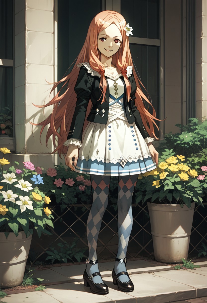 score_9,score_8_up,score_7_up,source_anime, Mana Ouma,1girl,solo,smile,skirt,hair ornament,full body,flower,pantyhose,shoes,hair flower,argyle,argyle legwear,