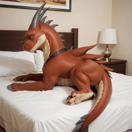 score_9, score_8_up, score_7_up, score_6_up, masterpiece, high quality, realistic, detailed, best quality, 1boy, solo, rating_safe, source_furry, bedroom, white bed, smiling, (looking at viewer:1.1), friendly, lying on bed, negative_hand, Bryce_awsw, dragon, red scales, horns, tail, claws, feral, closeup, tail end