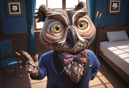 masterpiece, best quality, amazing quality,  absurdres, newest, high quality BREAK NigelOWL, 1boy, owl, beak, furry male, fluffy, animal focus, happy, exclamation, finger pointed up, short, male focus,  yellow eyes, bedroom, chair, monocle, feathers, feather fingers, standing on chair, blue jacket, smoking jacket, colorful bowtie <lora:Nigel_the_Owl_Xyzal_Mascot:.85>  <lora:NOOB_vp1_detailer_by_volnovik_v1:1>