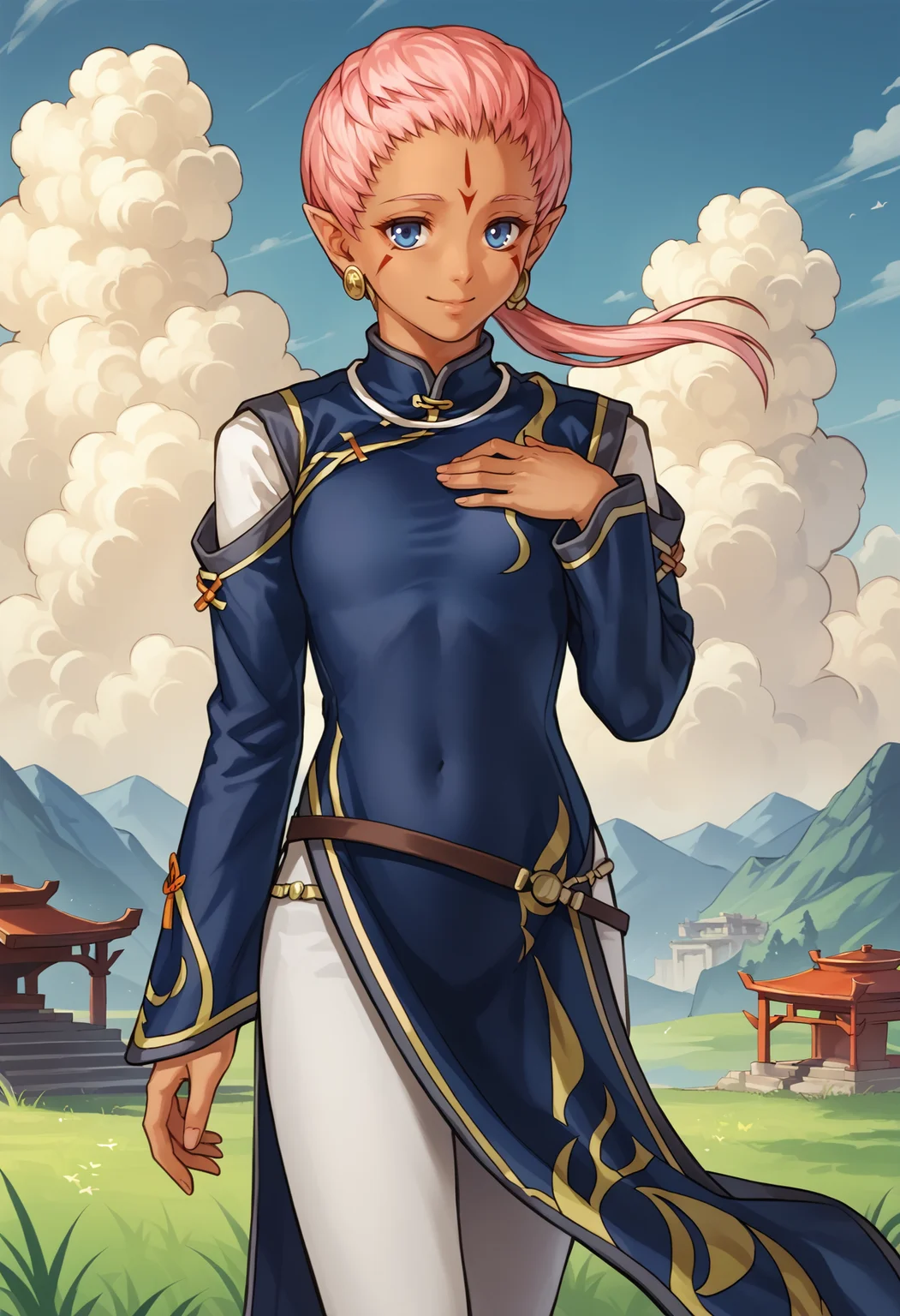 score_9, score_8_up, score_7_up, source_anime, 1girl, cowboy shot, looking at viewer, hand on own chest, smile, <lora:EnaFE-pdxl:1> defEna, dark-skinned female, pink hair, low ponytail, forehead mark, facial mark, blue eyes, pointy ears, earrings, china dress, shoulder cutout, long sleeves, belt, white pants, grass, sky, cloud