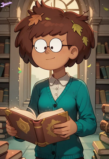 score_9, score_8, score_7, score_6,
Jhiacco, solo, anneboonchuy, brown hair, dark-skinned female, leaf hair ornament, short hair
Character Description: A young woman with glasses and a curious expression, surrounded by books.
Outfit: A vintage dress with lace details and a cardigan, carrying a stack of ancient tomes.
Action: She is reading an open book, with glowing symbols floating around her.
Background: A grand library filled with towering shelves and magical artifacts.
Composition Details: Soft, warm lighting creates an inviting atmosphere, with a medium shot to capture her expression and the floating symbols.