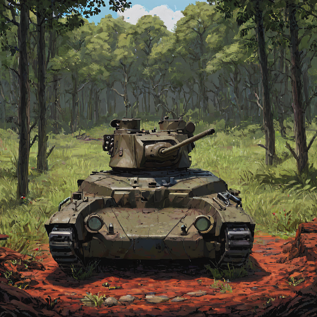 In the heart of the Borneo jungle, a mtldtnk tank lies abandoned, overgrown with vines and foliage, a relic of its deployment in Southeast Asia. This scene captures the aftermath of conflict, with nature slowly reclaiming the remnants of human warfare, symbolizing the enduring impact of the tank's service across various fronts  ((pulp_comic, heavy_lines, hand_drawn, hand_inked, hand_colored, perfect_face, apxlz))
