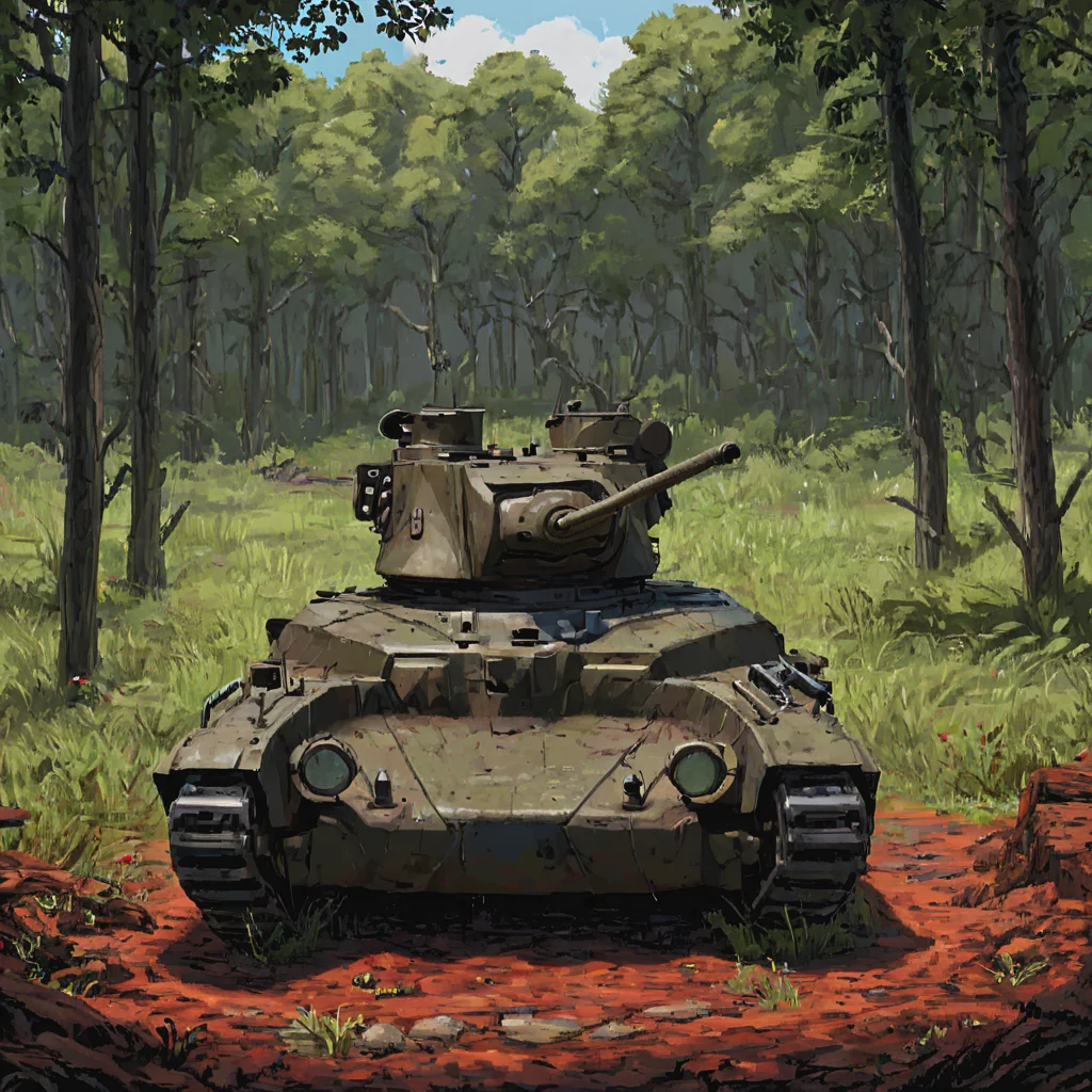 In the heart of the Borneo jungle, a mtldtnk tank lies abandoned, overgrown with vines and foliage, a relic of its deployment in Southeast Asia. This scene captures the aftermath of conflict, with nature slowly reclaiming the remnants of human warfare, symbolizing the enduring impact of the tank's service across various fronts ((pulp_comic, heavy_lines, hand_drawn, hand_inked, hand_colored, perfect_face, apxlz))