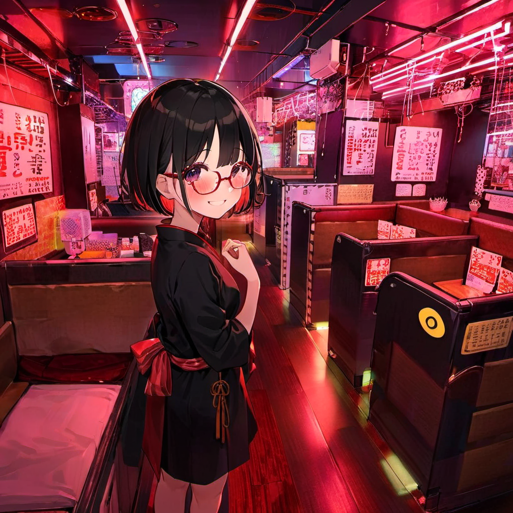 best quality, ultra-detailed, illustration,
pinsalo, scenery, red theme, sign, neon lights, indoors, 
1girl, japanese girl,  cute, (shy smile), glasses, black dress, short hair, black hair, looking at viewer, 
<lora:pinsalo_SDXL_V1:1>