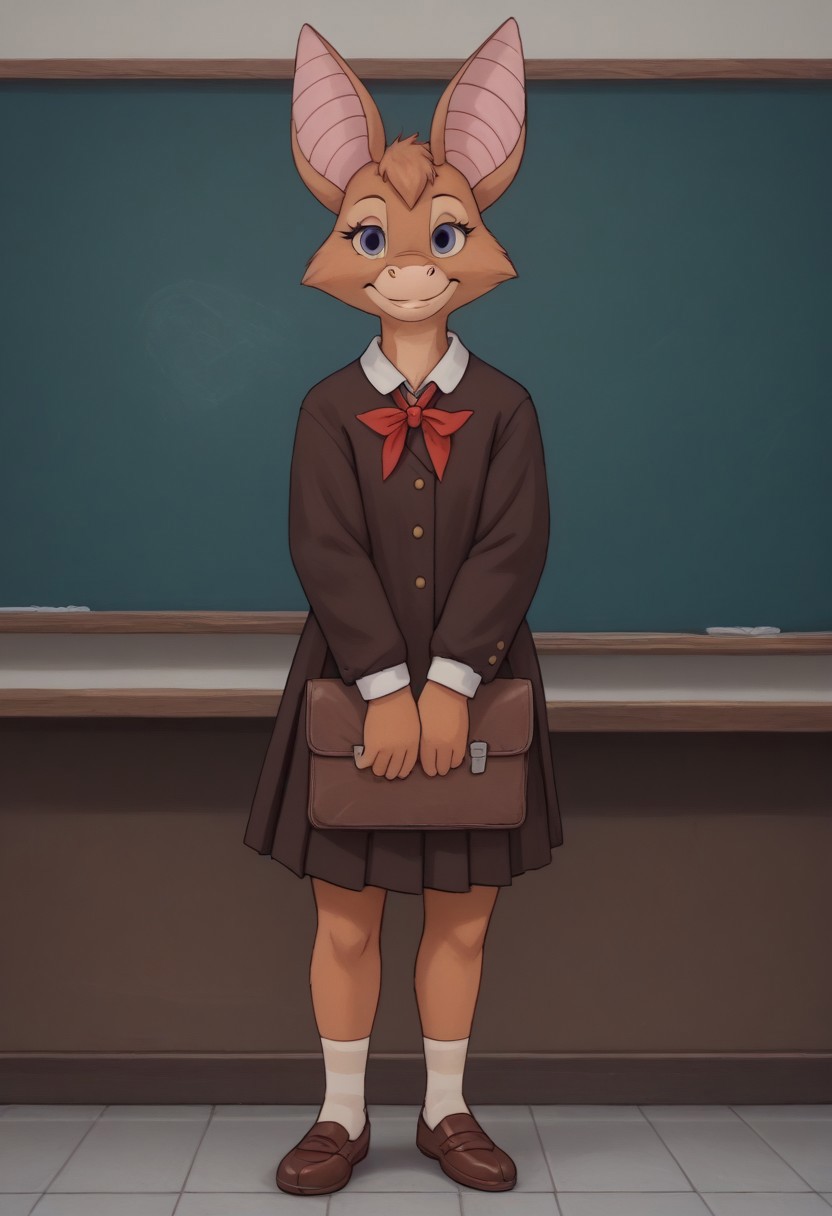 Score 9, Score_8_up, Score_7_up, source furry, (full body in frame:2.0), Foxglove bat, bat girl, bat feet, very big bat wings, bat wings much bigger than body, (soviet school classroom:1,4), indoors, 3/4 side view, wide smile, looking at viewer, medium boobs, sexy school uniform, SFW