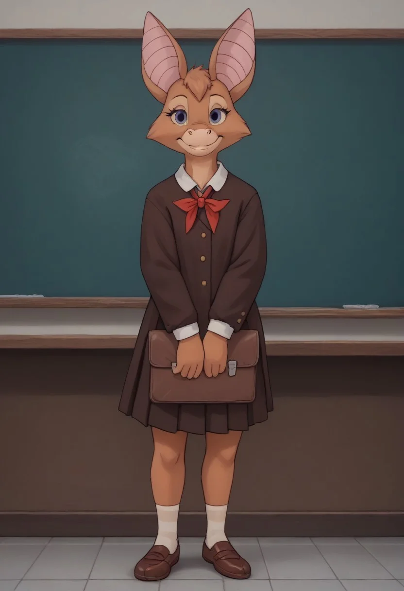 Score 9, Score_8_up, Score_7_up, source furry, (full body in frame:2.0), Foxglove bat, bat girl, bat feet, very big bat wings, bat wings much bigger than body, (soviet school classroom:1,4), indoors, 3/4 side view, wide smile, looking at viewer, medium boobs, sexy school uniform, SFW