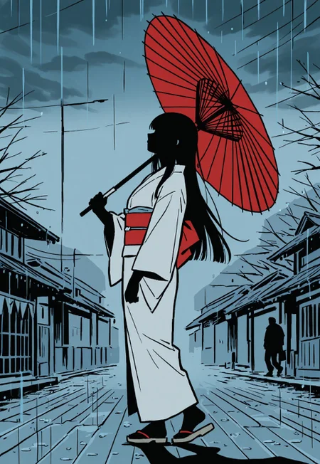 1girl, solo, detailed face, detailed eyes, black hair, hime cut, blue eyes,
BREAK
japanese clothes, white kimono, white print, red obi, wooden sandals,
BREAK
from side, wide shot, off-center,
BREAK
dynamic angle, dynamic pose, mid-stride, walking, holding one red oil-paper umbrella,
BREAK
outdoors, old japanese countryside, old japanese architecture, (rain:0.8), dark clouds, gradient cloud, evening, winter,
BREAK
(safe_pos, fine texture, masterpiece, ultra-detailed, very aesthetic, absurdres, volumetric lighting, scenery, newest, absolutely eye-catching, vivid colors, rating_explicit),
BREAK
(monochrome, spot color, silhouette, shadows:1.3), dark theme, flat lighting, flat color, flat design, (intense shadow:1.2), crisp edges, aja,
BREAK