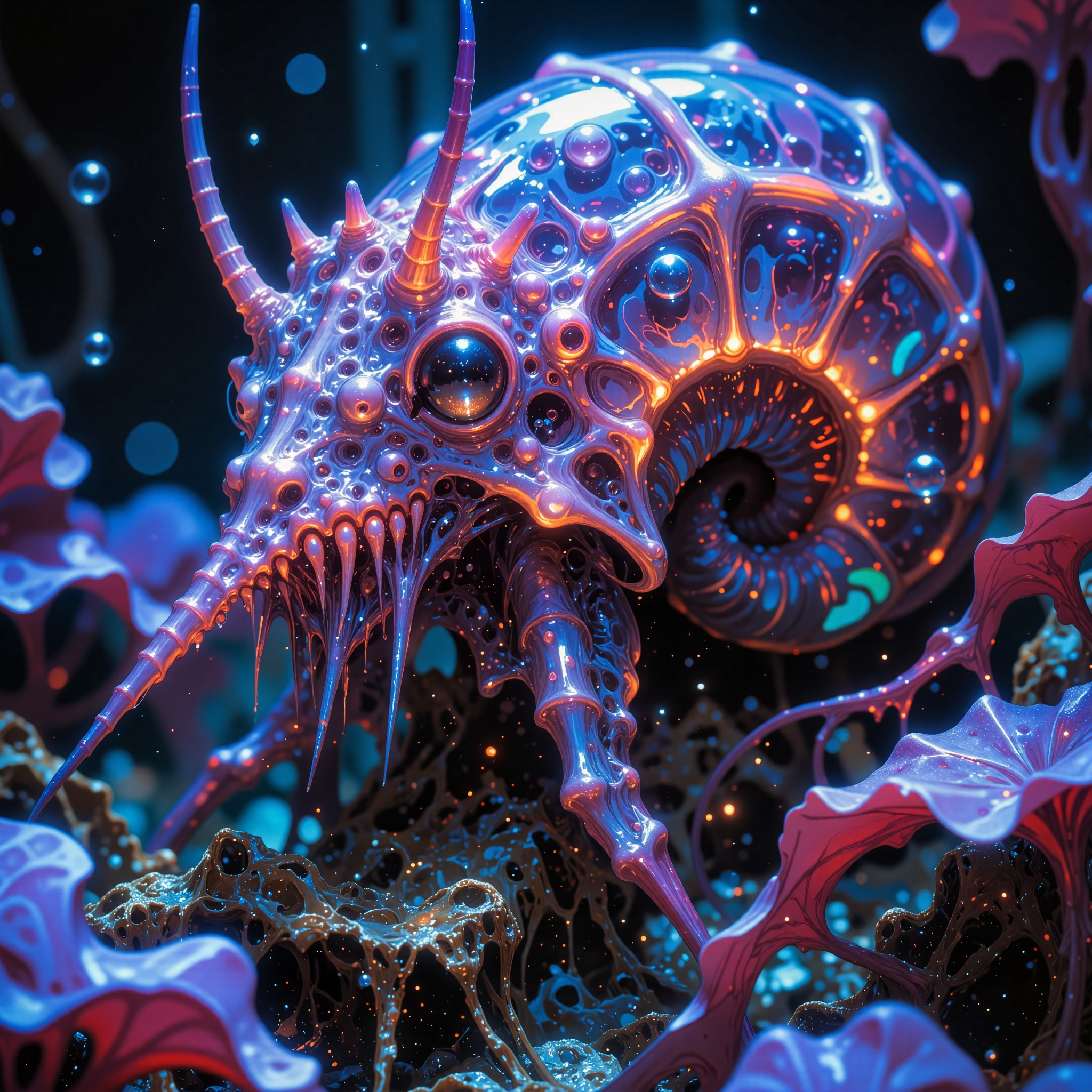 impressive and wonderful scenery on a distant world, award-winning macro photo, short depth of field, hyper realistic, ultra high definition, dim lighting, twilight,  bioluminescence, subsurface scattering, the peculiar "direful logploob" is a ramfumbled mollusk-like ocean-dwelling creature living in the vast underwater gorliflynx seaweed fields on planet "nicetoo ix". it uses the discarded huge coiled shells of the "nervous dirttider" as shelter. its beautiful semi-transparent body glimmers faintly with iridescent gurbleblarzes, allowing it to blend seamlessly with the glowing seaweed fronds. the creatures use its elongated, gnarlfuddering proboscis to extract nutrients from the gorliflynx kelps sap. their biome is a surreal underwater tapestry of flowing bioluminescent seaweed, undulating in slow, hypnotic rhythms as shimmering gas bubbles rise from the seafloor fissures, creature focus, very aesthetic, extremely detailed, ultra high resolution, 8k, 4k, harmonising colors, dresden blue and dark amethyst purple and teal and eggshell white and jet black and bordeaux red, ovg, amanoer, mi2655, an1mel1nes, <lora:style-yoshitaka_amano-elden_ring-flux-by_alicient:0.36> <lora:style-retro_anime-flux-by_lizardman245:0.32> <lora:style-ethereal_dark-midjourney-flux-by_gedogfx:0.32> <lora:style-mythic_fantasy-anime_lines-flux-by_velvets:0.56>