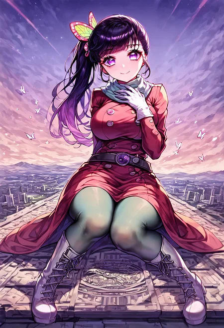 gorgeous lips, cinematic, (masterpiece), (best quality), (ultra-detailed), very aesthetic, perfect composition, intricate details, absurdres, detailed face, (anime, masterpiece, intricate:1.3), (best quality, hires textures, high detail:1.2), score_9, score_8_up, score_7_up, source_anime, 1girl, kanao tsuyuri, black hair, pink highlights, butterfly, butterfly hair ornament, purple eyes, long hair, side ponytail, ponytail, eyelashes, hair ornament, scarf, dress, red dress, long sleeves, buttons, gloves, white gloves, belt, pantyhose, green pantyhose, laced heel boots, white footwear, skirt, flower patterns, alternate_costume, enormous breasts, facial expression, kind, soft eyes, head tilt, slightly smiling, closed mouth, hand on breasts, goddess, building size, giantess, growing even bigger, sitting on the city floor, hugging knees, gradient eyes, beautiful detailed eyes, city background, mountain landscape, city, mountain, building, skyscrapers, in the middle of the city, (masterpiece:1.4), (best quality:1.4), (ultra-detailed:1.2), gl0w, glow,