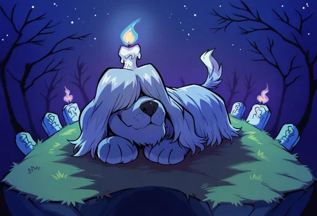 forest, night sky, looking at viewer, around neck, smile, dog tail, Cemetery, Grey Blue Fur,Candle in head,Hair covering eyes, full body,