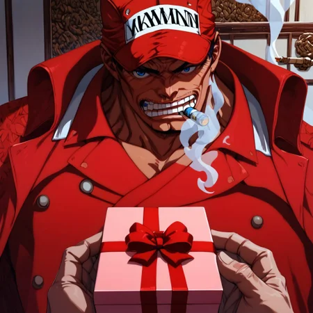 score_9, score_8_up, score_7_up, masterpiece, red suit, cap, 1 boy, akainu, cigar, very high quality, PovGifting, pov hands, holding gift, gift box