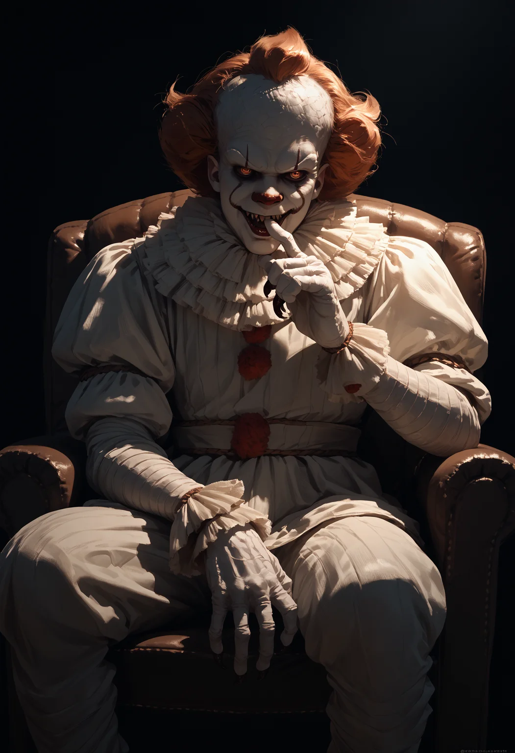 score_9, score_8_up, score_7_up, score_6_up, 1boy, monster, white costume, dark background, sitting, armchair, solo, finger to mouth,
<lora:pennywise_v0.6-pony:1>
<lora:dark_v1.9-pony:1>