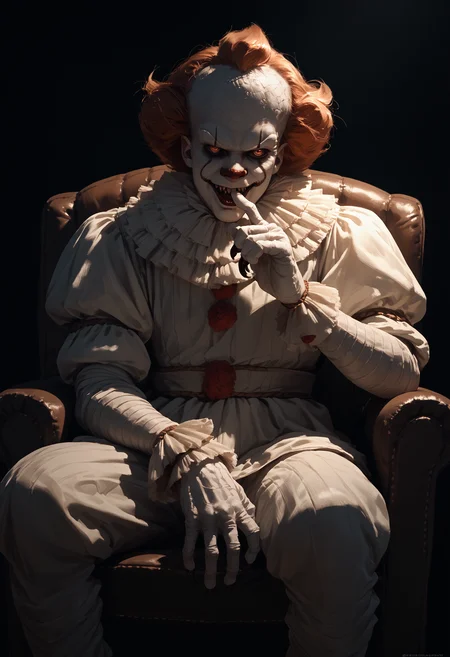 score_9, score_8_up, score_7_up, score_6_up, 1boy, monster, white costume, dark background, sitting, armchair, solo, finger to mouth,
<lora:pennywise_v0.6-pony:1>
<lora:dark_v1.9-pony:1>