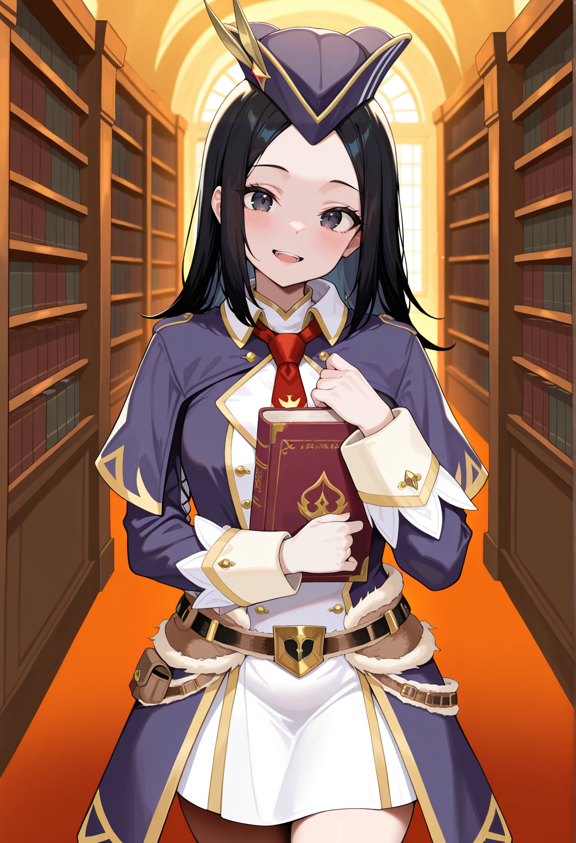 1girl, walking, long hair, black hair, bicorn, hat, blue coat, capelet, red necktie, fur-trimmed belt, holding book, smile, open mouth, looking at viewer, head tilt, indoors, library  <lora:luchika_mh:1>, masterpiece, best quality, amazing quality, very aesthetic, absurdres, highres, newest