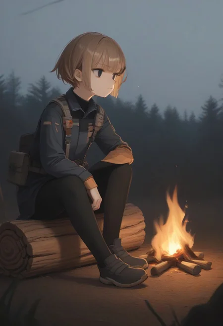 score_9, score_8_up, score_7_up, source_anime, BREAK sitting, mg338, campfire, expressionless