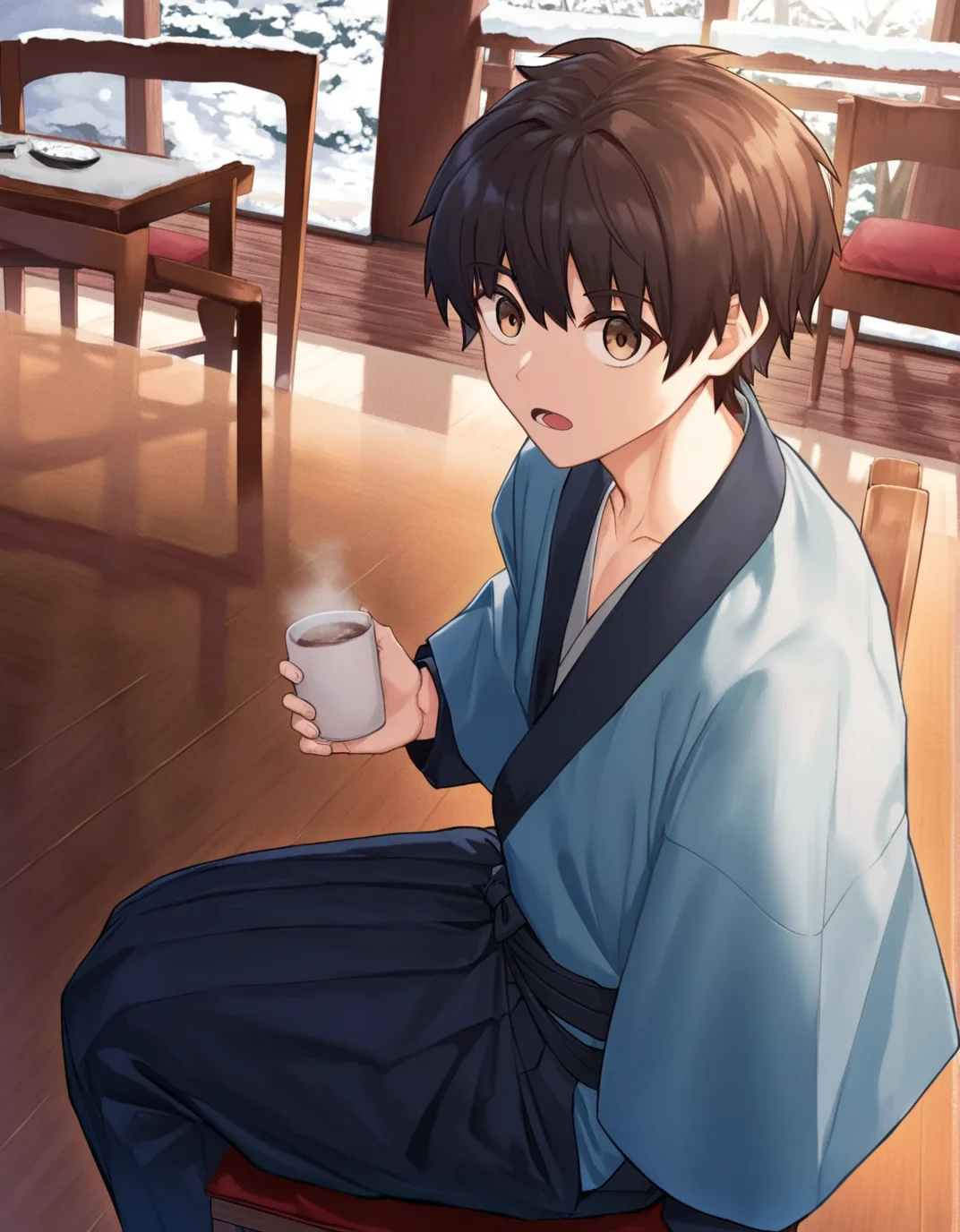 best quality, newest, recent,
1boy, japanese clothes, solo, looking at viewer, open mouth, brown hair, brown eyes, cup, holding cup, kimono, sitting, holding, chair, snow, day, indoors, wooden floor, bangs, short hair, collarbone, hakama, long sleeves, steam,
<lora:nayoshinai01r:1>