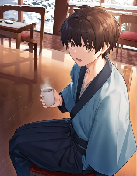 best quality, newest, recent,
1boy, japanese clothes, solo, looking at viewer, open mouth, brown hair, brown eyes, cup, holding cup, kimono, sitting, holding, chair, snow, day, indoors, wooden floor, bangs, short hair, collarbone, hakama, long sleeves, steam,
<lora:nayoshinai01r:1>
