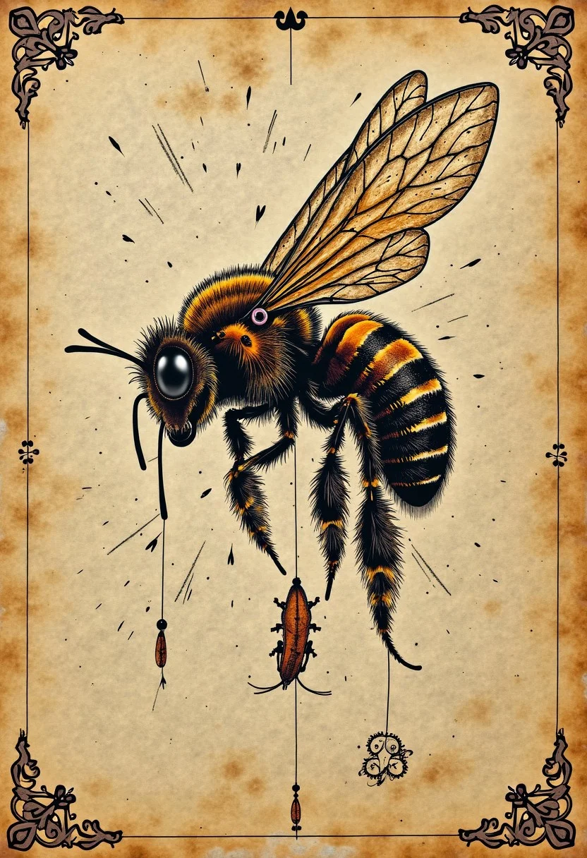 <lora:Flux-Davinci-ink-sketch-V2.safetensors:0.9>, a davinci diagram in the style of the voynich manuscripts, depicting bees, depicting lightning, depicting energy. hand written annotations, aged parchment, Machina Magnifica. Note affixed that says "Need BUZZ for research", 4k quality