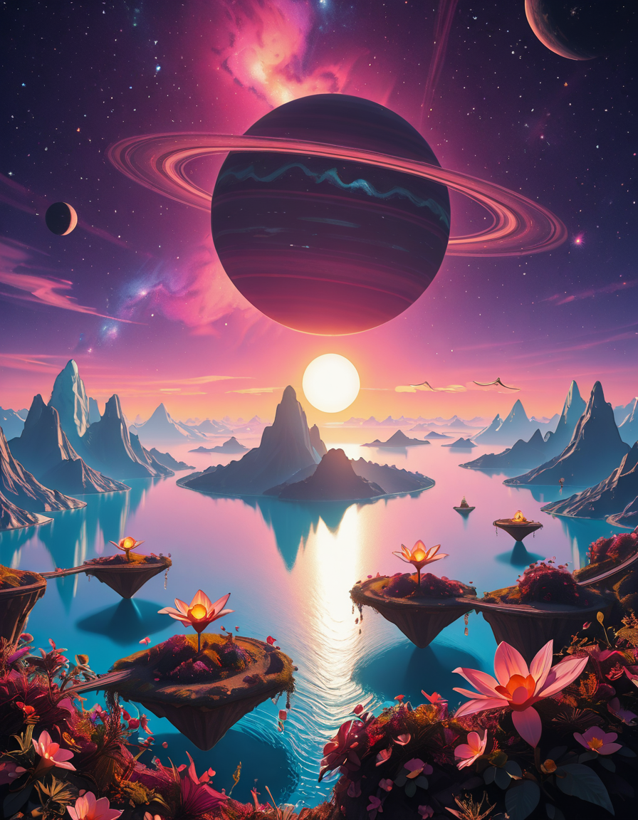 A breathtaking, high-resolution photograph of a celestial paradiseâa stunning, habitable planet floating in the vastness of space. The sky is a mesmerizing blend of deep purples, blues, and pinks, illuminated by twin suns casting golden light over the landscape. Towering crystal mountains shimmer in the distance, reflecting the vibrant hues of the nebula-filled sky. A vast, glowing ocean stretches across the horizon, its surface gently rippling with bioluminescent waves. Floating islands covered in lush, alien vegetation hover above the water, connected by natural bridges of luminescent vines. Exotic, radiant flowers bloom in every color imaginable, while gentle, ethereal creatures with translucent wings glide through the air. In the sky, a massive ringed gas giant looms majestically, its swirling clouds casting soft shadows over the dreamlike terrain. The air shimmers with floating particles of light, creating a surreal, otherworldly ambiance. The entire scene feels like a cosmic utopiaâtranquil, awe-inspiring, and untouched by time.
<lora:SDXLFaeTastic2400:0.4> <lora:extremely_detailed:0.4> extremely detailed,Celestial p4r4d1s3, <lora:Celestial_p4r4d1s3-i:1>, Masterpiece,best quality,hi res,8k,hi res,8k,award winning,(sharp focus, intricate, highly detailed),