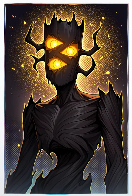 <lora:creaking-10:1> creaking, no humans, standing, monster, glowing eyes, yellow eyes, solo, 3 eyes, yellow sclera,, masterpiece, best quality, amazing quality, very aesthetic, absurdres, newest,, upper body, halftone effect, white borders, abstract background:1.2,