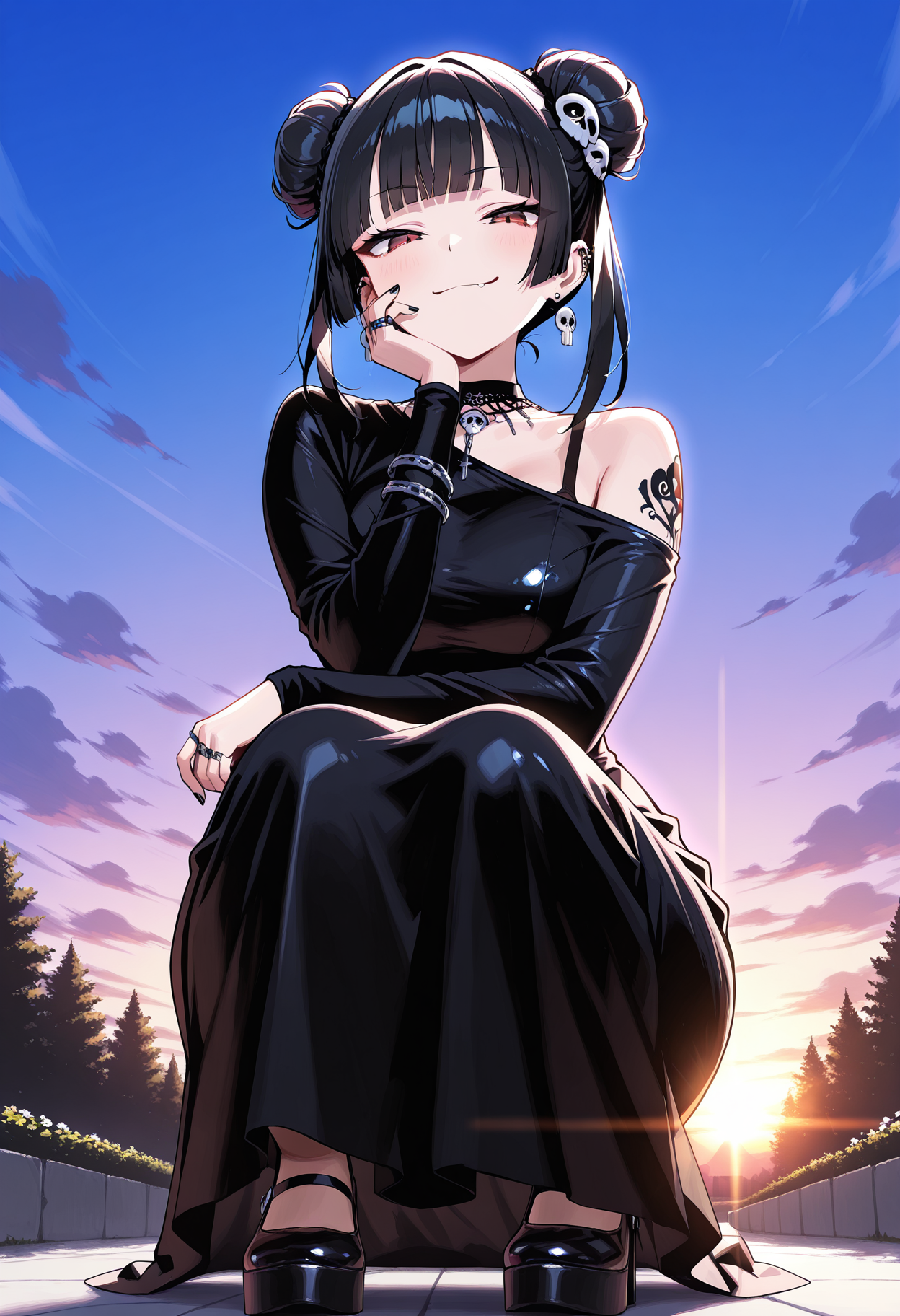 1girl, bangs,black hair, blunt bangs, hair bun, double bun, tattoo,piercing, ring, ear piercing, black nails, skull hair ornament, cross earrings, gothic,
smug, hand on face,
squatting, fullbody,  front view,
spring, sunrise, from below, 
<lora:oneshouldersatindressIL:1>, oneshouldersatindress, satin dress, long dress, one shoulder dress, 
masterpiece,best quality,amazing quality,   <lora:gogalkingIL-style:0.8>