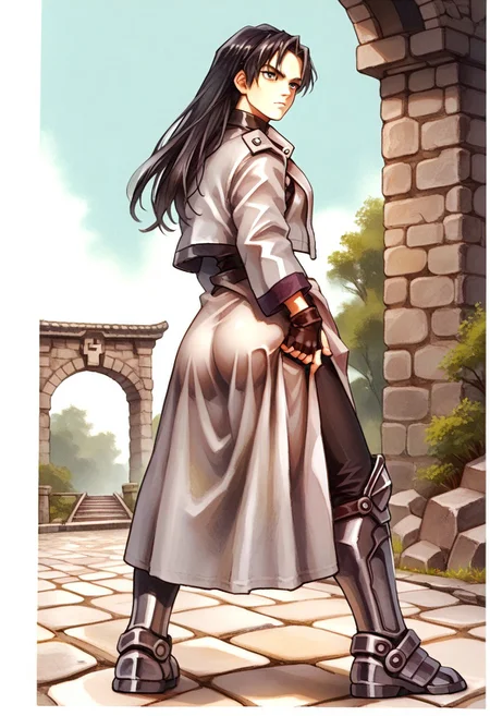 score_9, score_8_up, score_7_up, ohr_cn, traditional media, watercolor (medium), stone bridge, hugbaldw, cutoff jacket, body harness with holy cross design, long black hair, charcoal greaves, gray skirt, black shirt, black pants, black fingerless gloves, long legs, slender legs, hand on own ass, huge ass