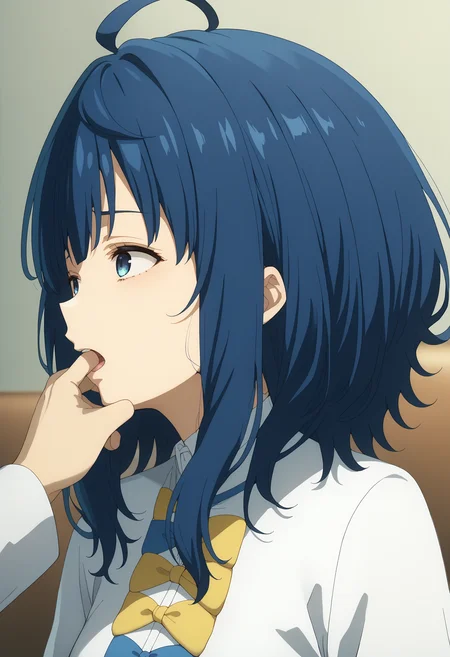 score 7 up, solo, source anime, 1girl, , <lora:anna_yanami_anime_v3-soralz:1> anna yanami, blue hair, medium hair, ahoge, blue eyes, , <lora:_sdxl-fingercandy-pony:1> fingercandy,,