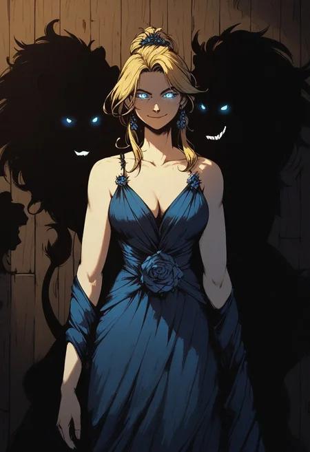 score_9, score_8_up, score_7_up, score_6_up, score_5_up, (art, dutch angle, wooden wall, beast, hulking beast, lion, solo, glowing eyes, (silhouette), 1girl, blonde hair, symmetrical bang, blue eyes, evening gown, smirk)