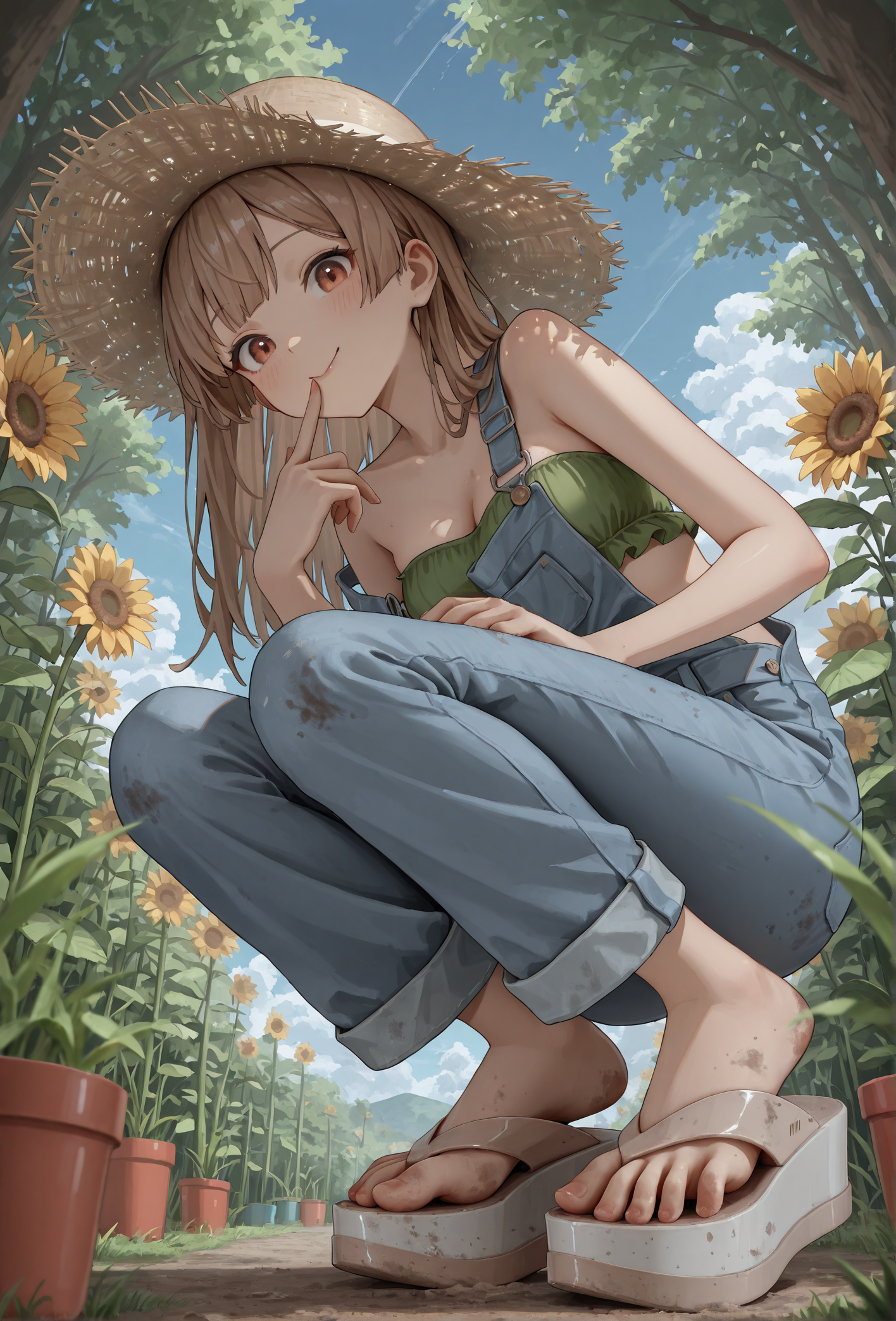 masterpiece, best quality, 
(mlsa flip flops), (platform footwear:1.2),
dirty shoes, dirty feet, (tiptoe:1.2), (spread toes:1.1),
finger on lips, curious, looking at viewer,
low angle, foot focus,
1girl, 
squatting,
straw hat, gardening, outdoors, dappled sunlight,
short denim overalls, strap slip, green frilled bandeau top,
medium breasts, 
happy, cute face,