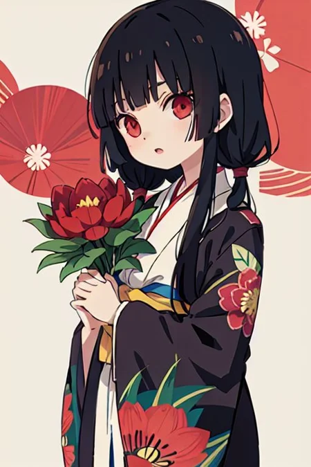 enma ai, hair down, hair black, bangs, eyes red, masterpiece, best quality, ultra-detailed, illustration, 1girl, solo, highres, photorealistic, ultra high res, (Original illustration composition), (fusion of limited color,Maximalism artstyle, kimono obi fashion, double exposure, background, illustration, Amazing, lily spider, night darkness, open one's mouth, finger, bouquet flowers red, low twintails, (polychromatic peony:1.15), Movie poster,