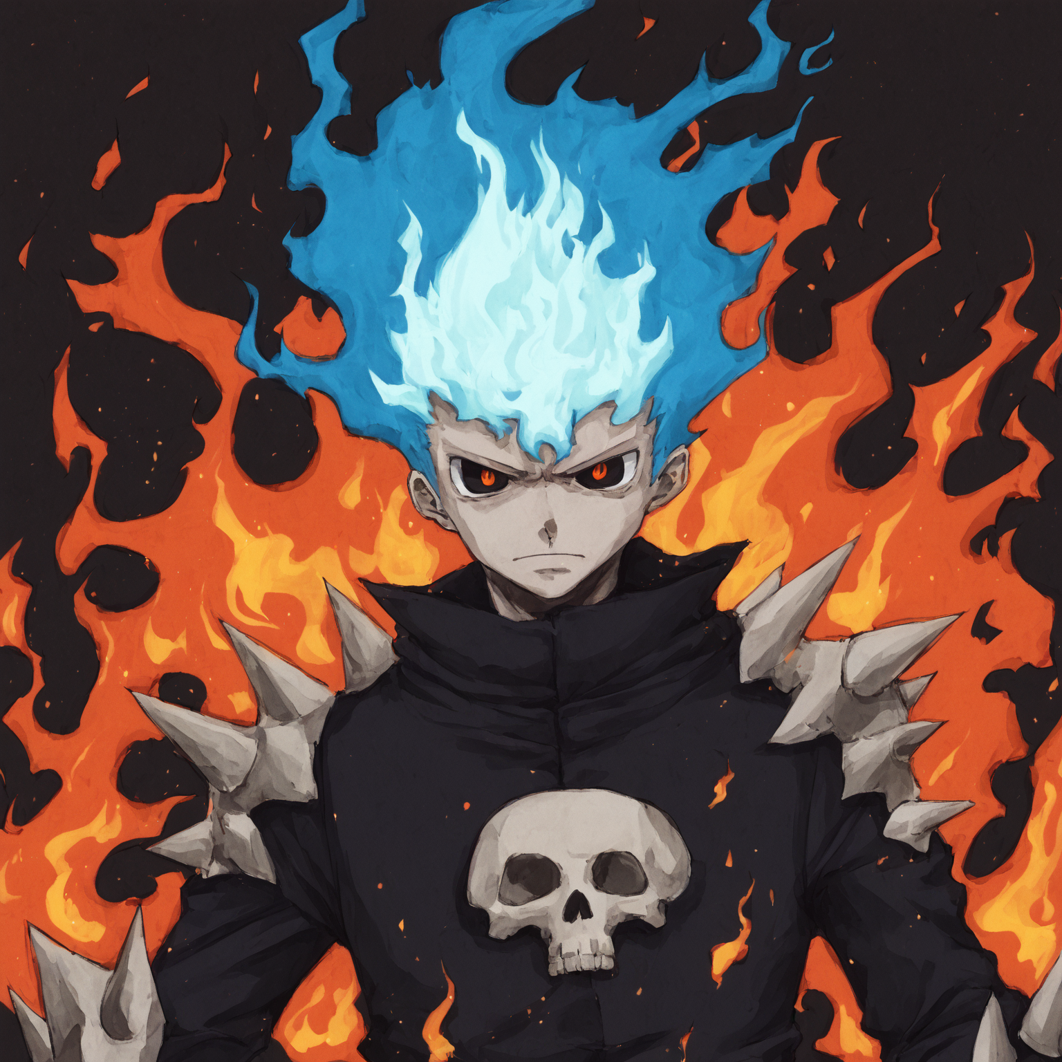 <lora:SlimesAtsushiOhkuboStyle:1>, slimes_atsushistyle, skull knight, portrait, blue flames, burning background, art by Atsushi Ohkubo