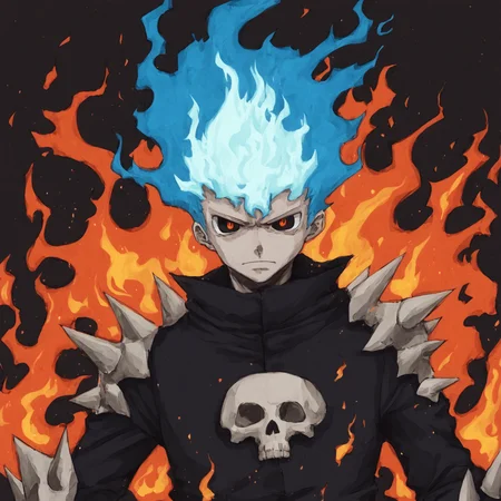 <lora:SlimesAtsushiOhkuboStyle:1>, slimes_atsushistyle, skull knight, portrait, blue flames, burning background, art by Atsushi Ohkubo