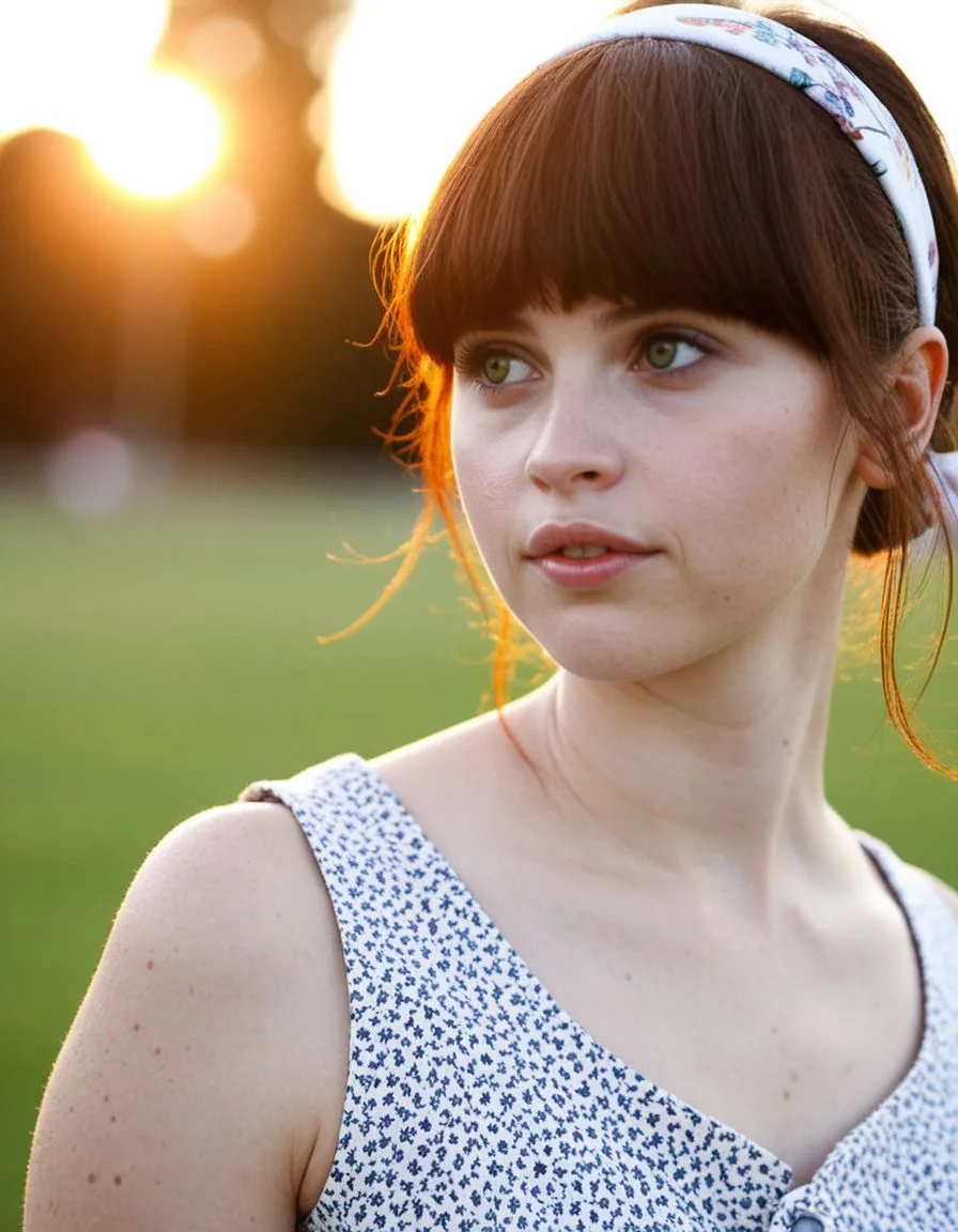 score_9, score_8_up, 1girl, felicity jones, bangs, adorable, wearinga a summer dress, headband, upper body shot, at a park, Bokeh, Golden Hour, raw <lora:dmd2_sdxl_4step_lora_fp16:1> <lora:felicity-jones-biglust16-bd:1>