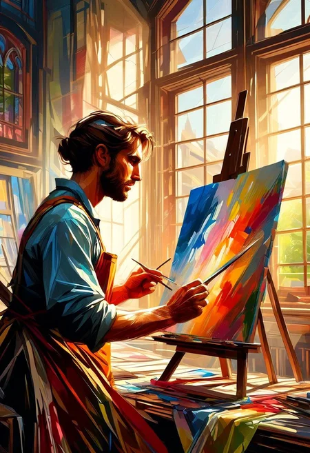 A focused Renaissance artist with a smudged apron and a palette of colors works on a canvas in a sunlit studio. Paintings in progress, wooden easel, soft light filtering through large windows, extreme close-up, portrait, warm tones.