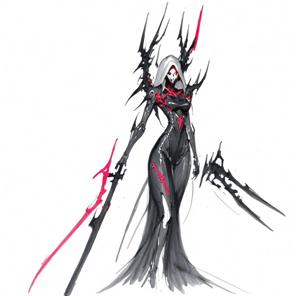 dark nun, thanatos, anime girl, metallic, cyberpunk girl, darkness look, red neon, tattoo sketch, white background, traditional media, sketch