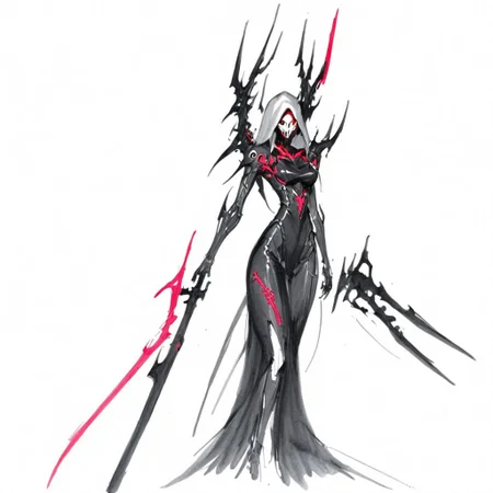 dark nun, thanatos, anime girl, metallic, cyberpunk girl, darkness look, red neon, tattoo sketch, white background, traditional media, sketch