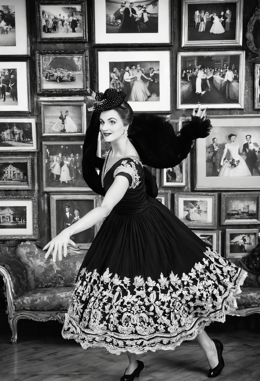 Graceful woman in a stunning vintage outfit, dancing elegantly with poise, retro black and white theme, capturing timeless elegance, focus on the woman as she moves gracefully, with a collection of cherished couple photos displayed in the background, viewed from a bird's-eye perspective, adding depth and a unique angle, enhancing the nostalgic and romantic ambiance.