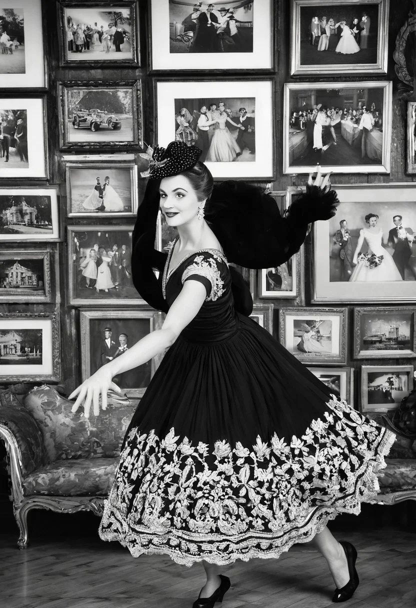 Graceful woman in a stunning vintage outfit, dancing elegantly with poise, retro black and white theme, capturing timeless elegance, focus on the woman as she moves gracefully, with a collection of cherished couple photos displayed in the background, viewed from a bird's-eye perspective, adding depth and a unique angle, enhancing the nostalgic and romantic ambiance.