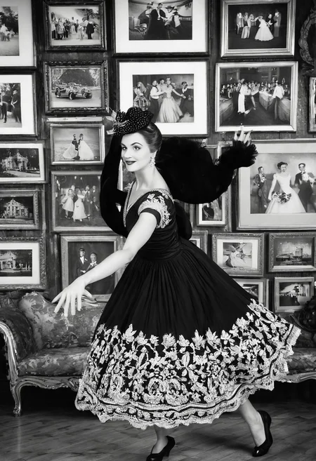 Graceful woman in a stunning vintage outfit, dancing elegantly with poise, retro black and white theme, capturing timeless elegance, focus on the woman as she moves gracefully, with a collection of cherished couple photos displayed in the background, viewed from a bird's-eye perspective, adding depth and a unique angle, enhancing the nostalgic and romantic ambiance.