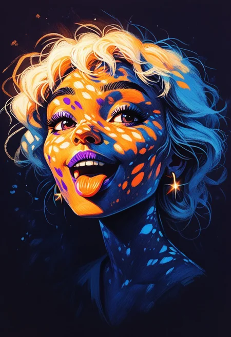 score_9, score_8_up, score_7_up, score_6_up, 1girl, ((happy, happy face, open mouth)), tongue out, white hair, teenager, beautiful, dappled moonlight, purple lipstick, earrings, dark eyeliner, gold light shafts, dark purple background, portrait, cool color palette, s1_dram, ncpy13 style, pastels drawing
