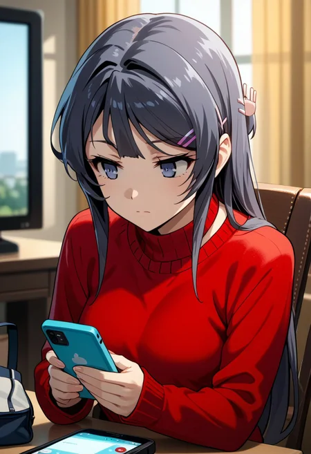 score_9,score_8_up,score_7_up,source_anime,SAKURAJIMA_MAI,1girl,solo,long sleeves,hair ornament,holding,closed mouth,sitting,upper body,indoors,hairclip,bag,blurry,sweater,window,blurry background,phone,chair,table,cellphone,curtains,smartphone,holding phone,television,red sweater,remote control,