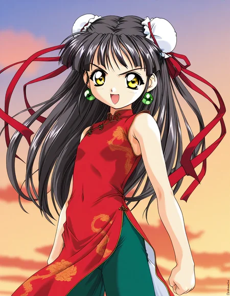 masterpiece, best quality, good quality, <lora:Kounyan_Spiral_NAMI_IS:1>Kounyan, black hair, long hair, double bun, hair bun, bun cover, yellow eyes, ribbon, earrings, flat chest, green jewelry, 2000s \(style\),anime coloring, short_stack,
red china dress, red ribbon, green pants, aura, outdoor, sky, serious smile, open mouth, fighting_pause, fight style, looking at viewer, cowboy_Shot,