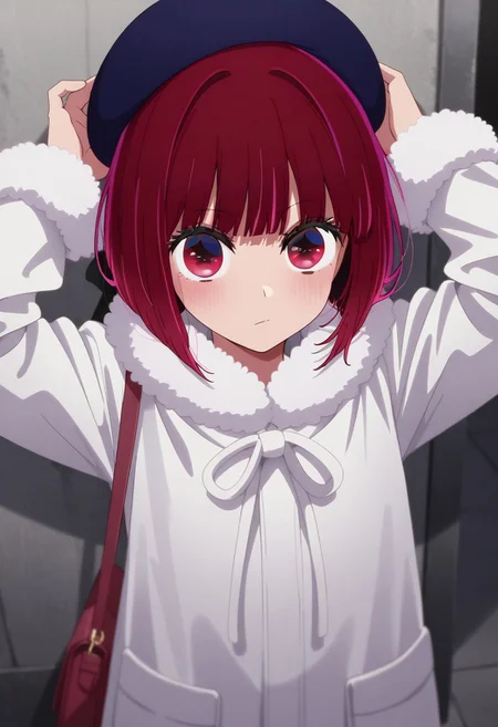 masterpiece,best quality,amazing quality, arima kana, red hair, short hair, red eyes, 1girl, solo, coat, looking at viewer, bag, hat, fur trim, bob cut, arms up, long sleeves, closed mouth, white coat