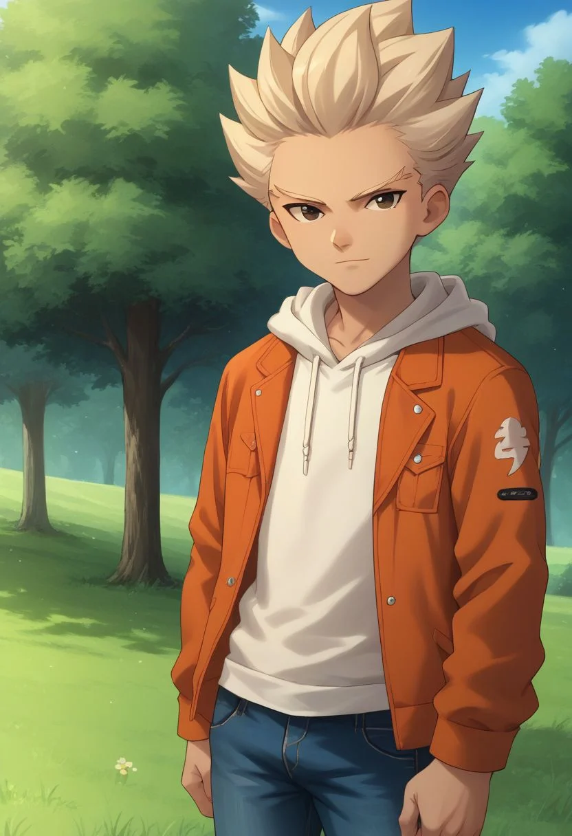 score_9, score_8_up, score_7_up, source_anime, highly detailed,
axel2, 1boy, male focus, solo, hoodie, hood, orange jacket, jeans, white hair, looking at viewer
outdoor, grass, tree, sky,